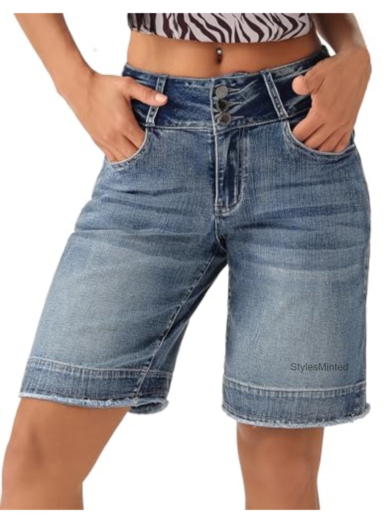 High Waisted Wide Leg Frayed Hem Jean Shorts Bermuda